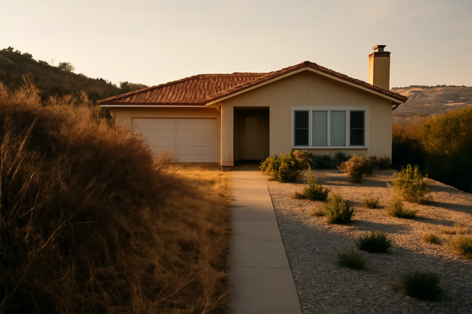 Before and after defensible space clearing around a hillside home foundation
