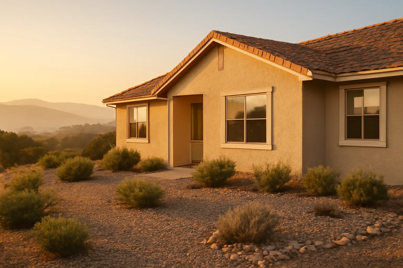 Home with gravel Zone 0 clearance and thinned brush illustrating a defensible space checklist