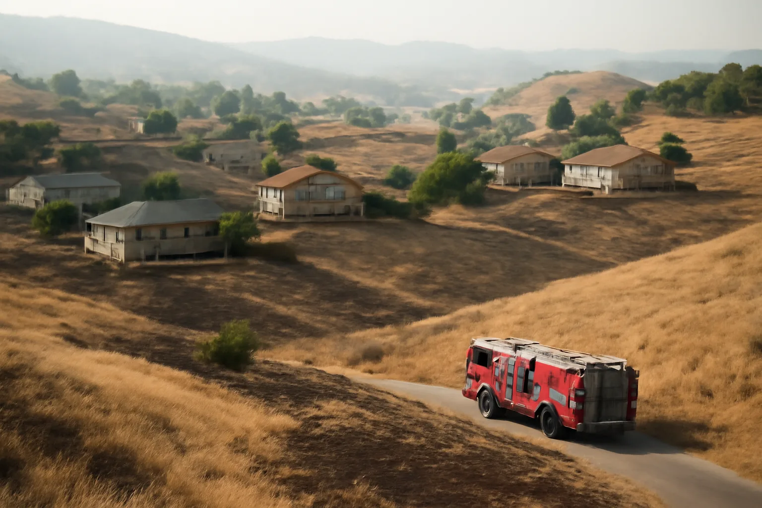 Hillside homes with cleared defensible space zones and a fire truck on the access road