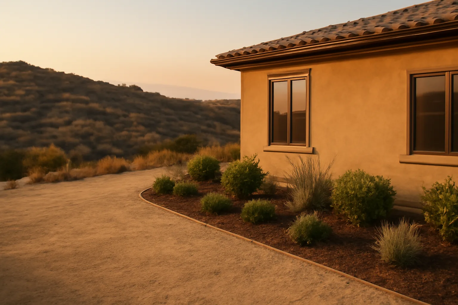 Cleared defensible space buffer between a hillside home and dry chaparral vegetation