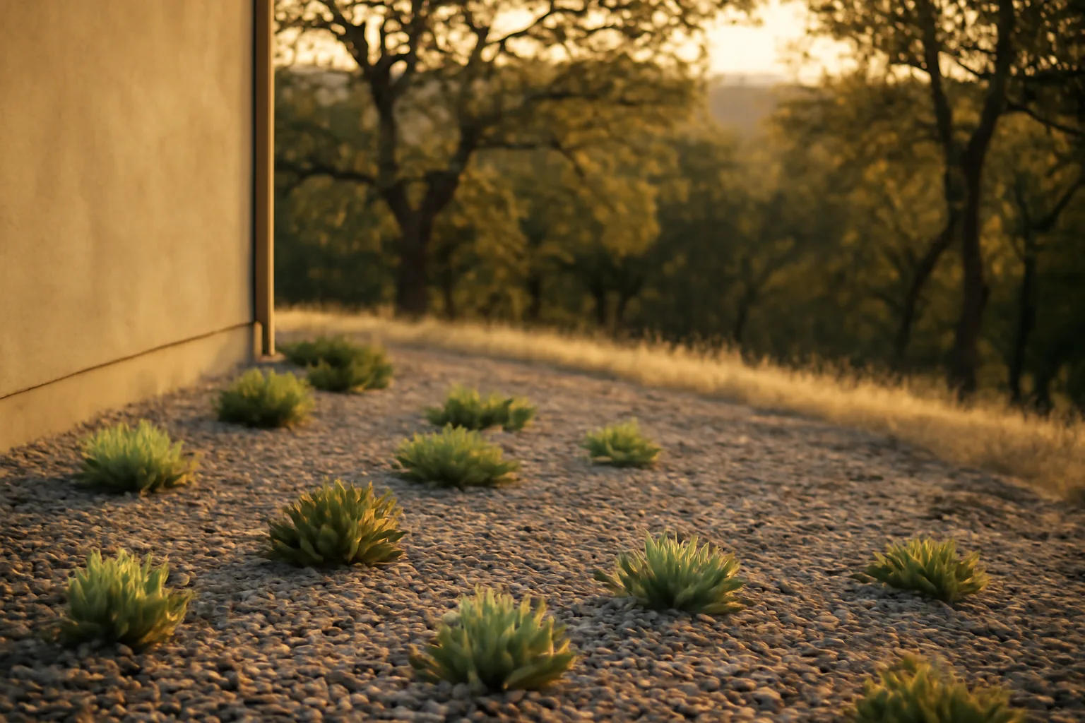 Cleared defensible space buffer between a stucco home and dry hillside vegetation