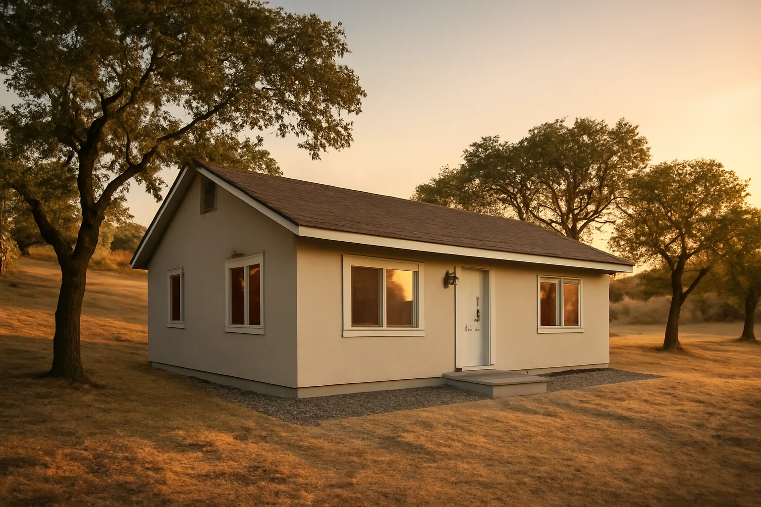 House foundation with gravel zone and pruned trees showing defensible space architecture