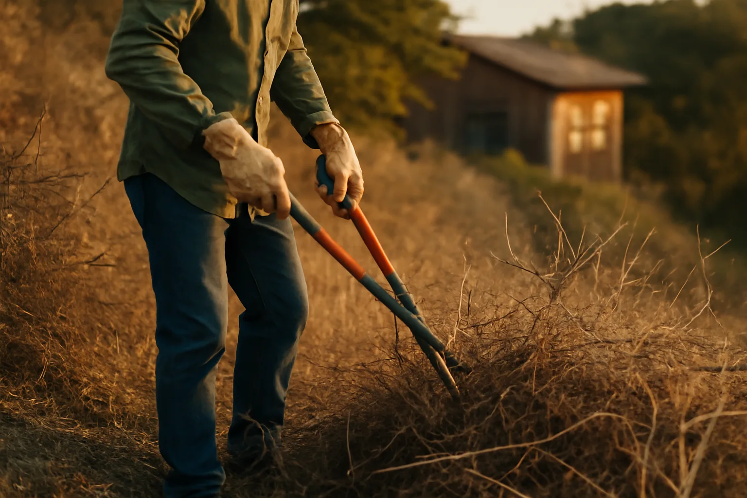 Worker clearing dry brush and vegetation near a house for defensible space