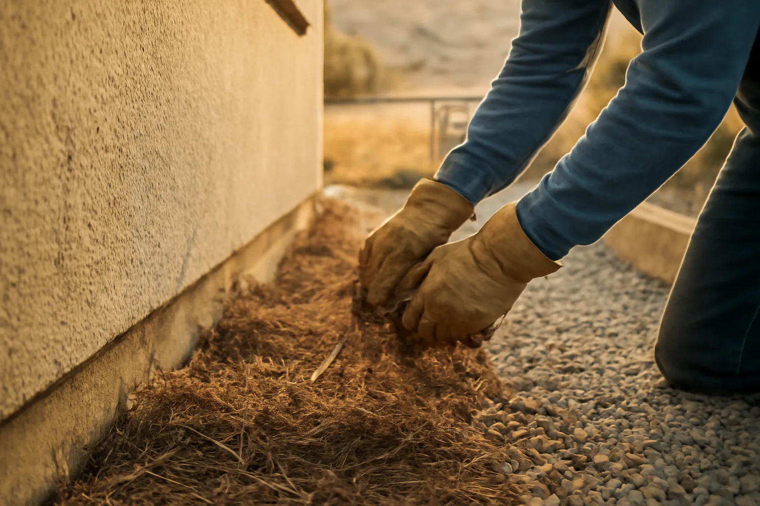 Homeowner clearing dry brush near house foundation to meet defensible space requirements