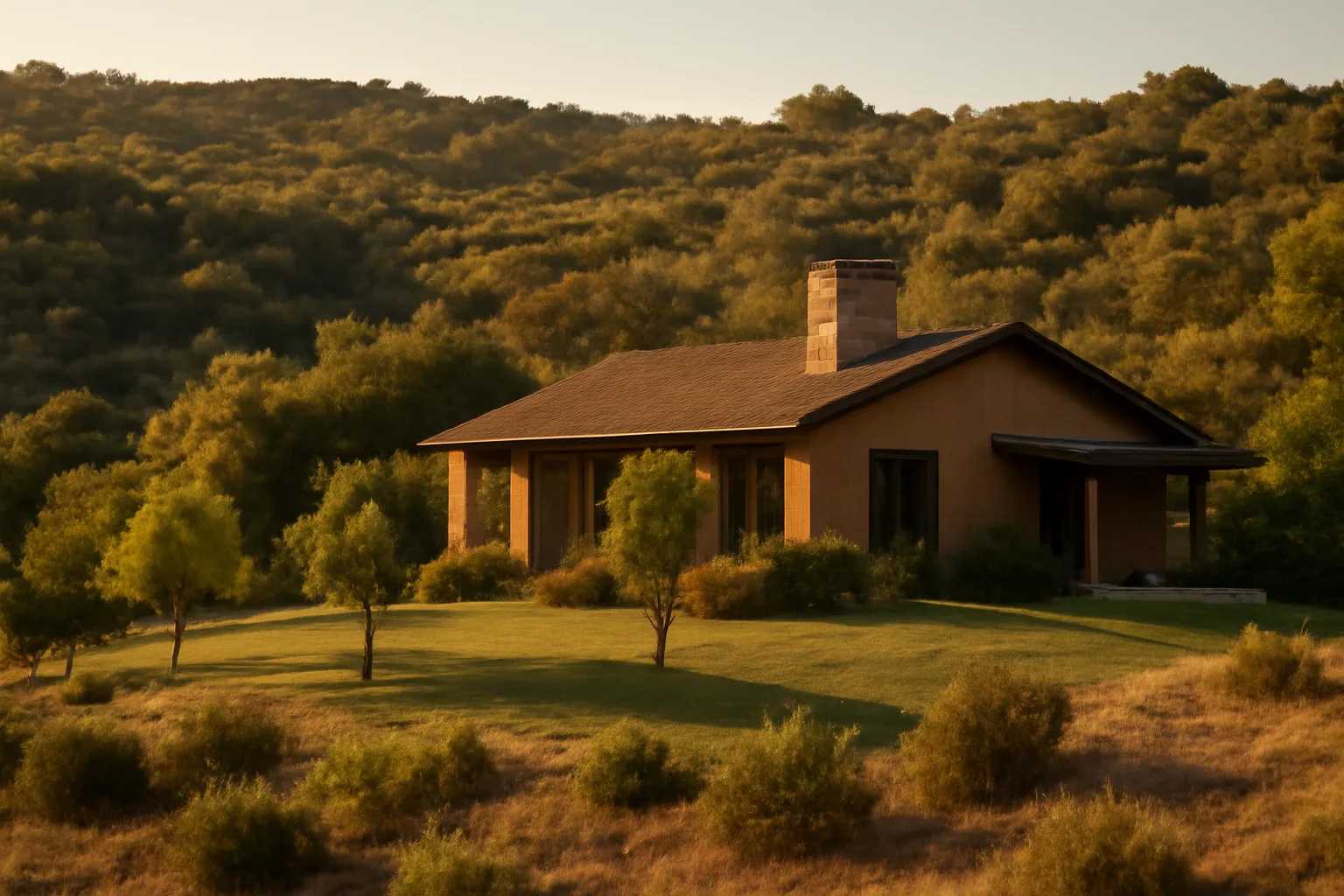 Home with a cleared defensible space buffer between the house and wildland brush
