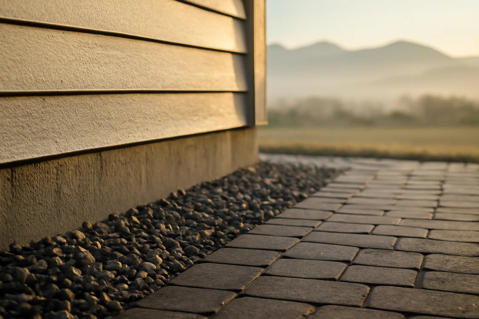 Gravel and paver ember-resistant zone directly against a home's foundation wall