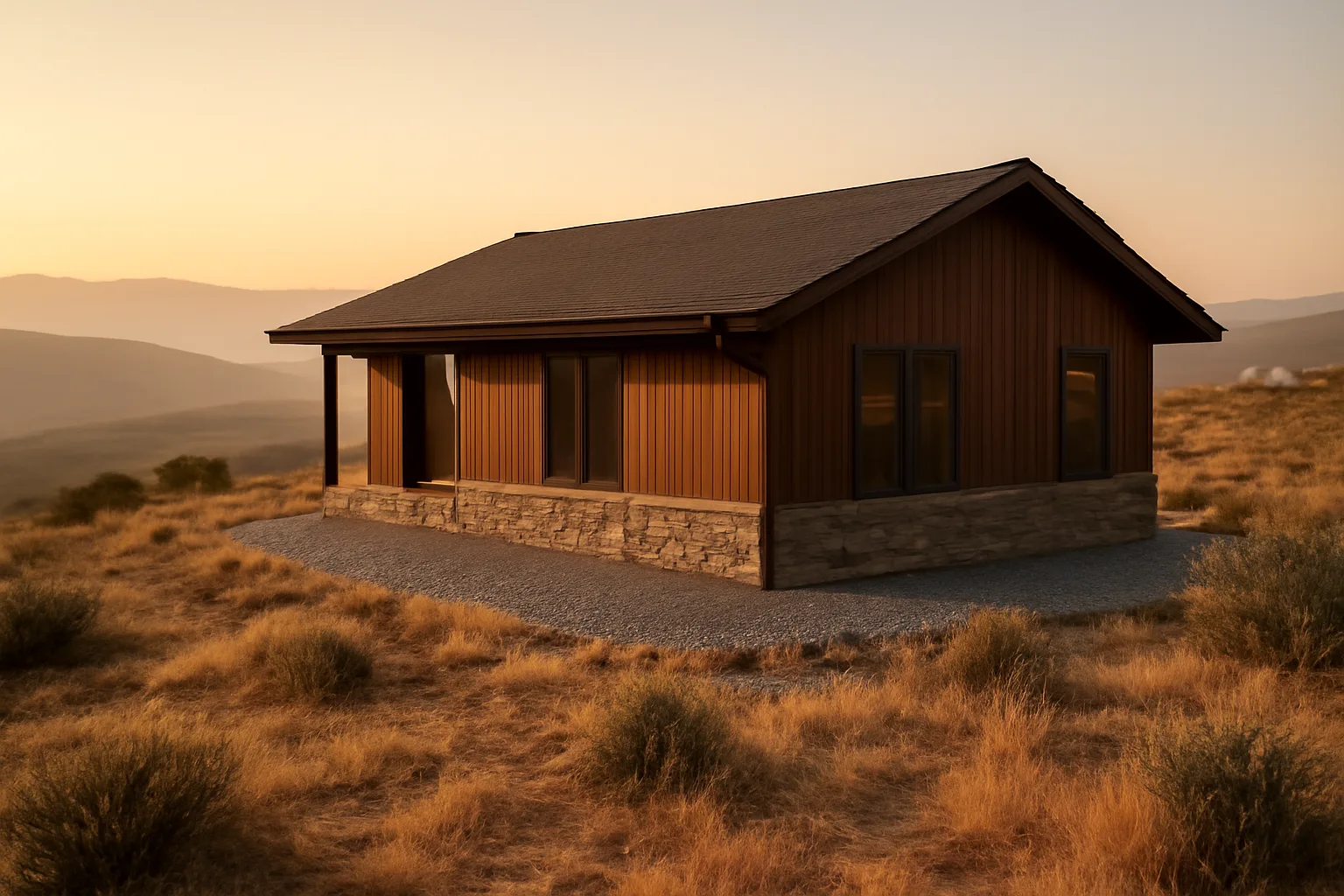 Home with cleared defensible space zone of gravel and spaced shrubs before dry wildland hillside