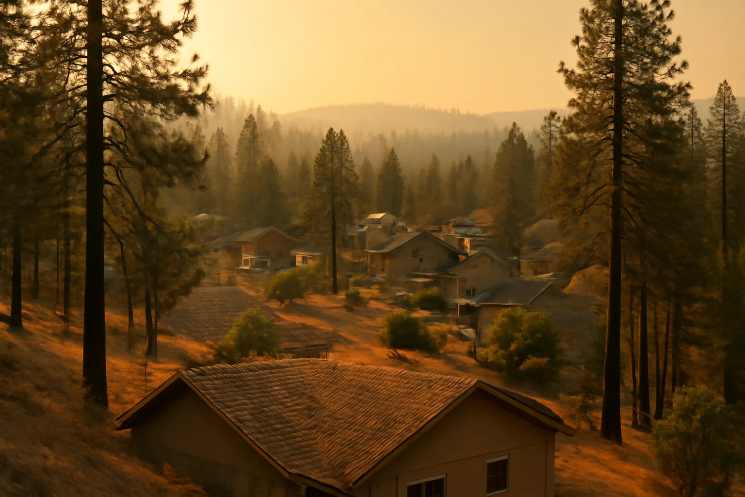 Pine forest homes with defensible space clearing shown on a hillside at dusk