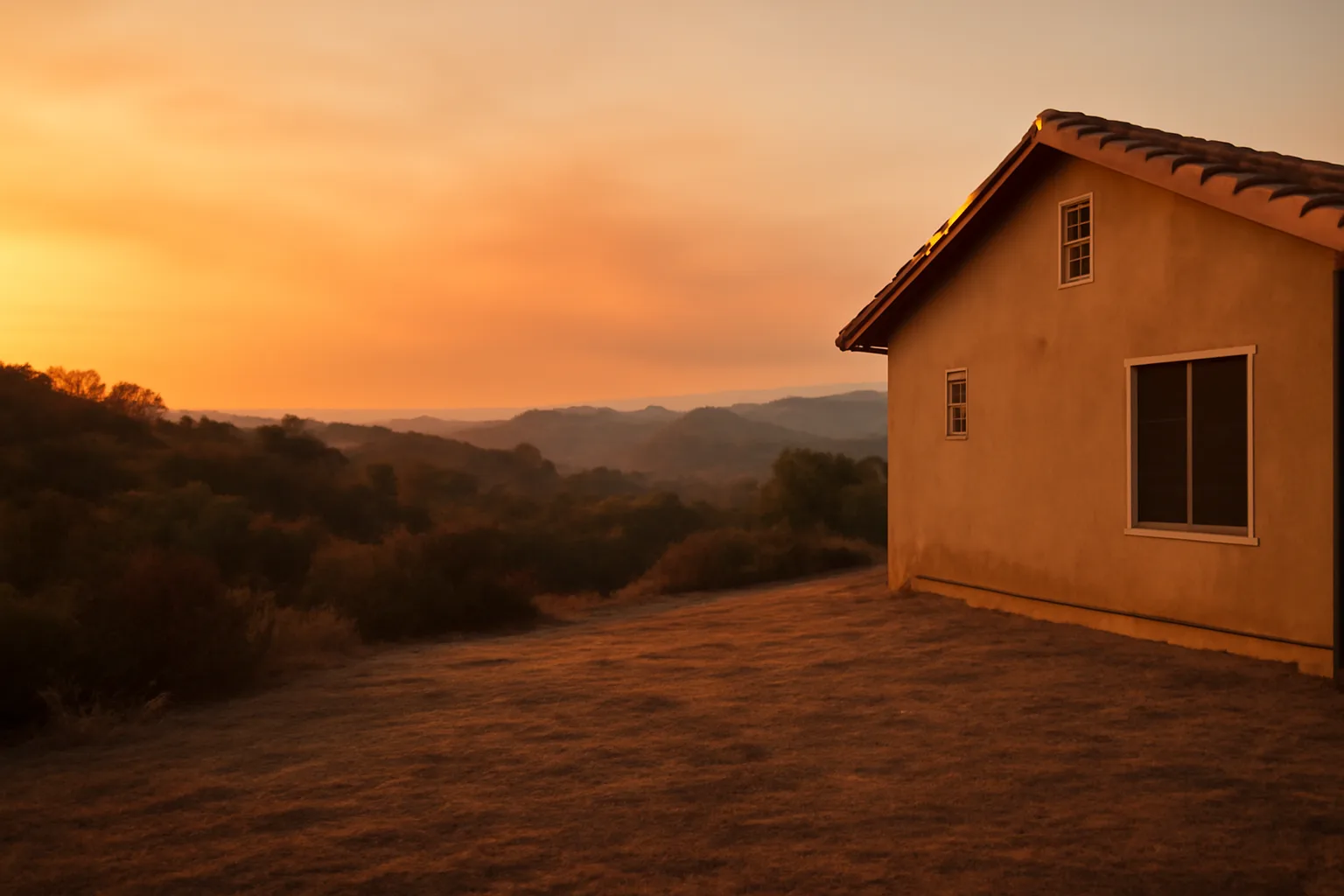 Cleared defensible space between a hillside home and chaparral brush at dusk with smoke haze