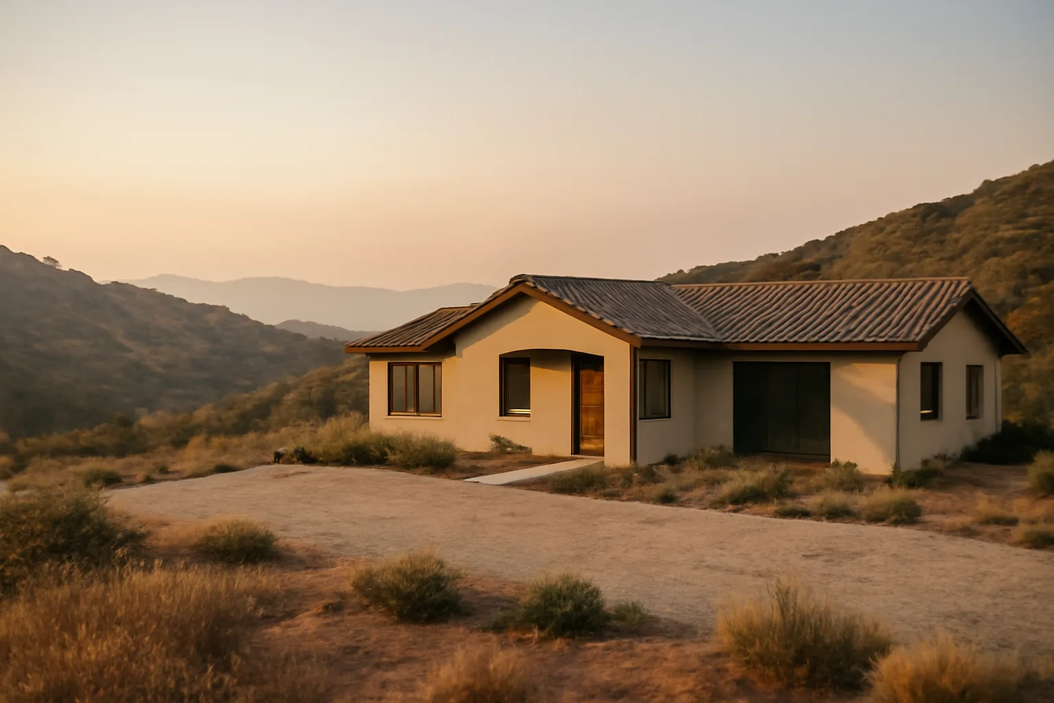 Home with cleared defensible space buffer between structure and dry wildland hillside