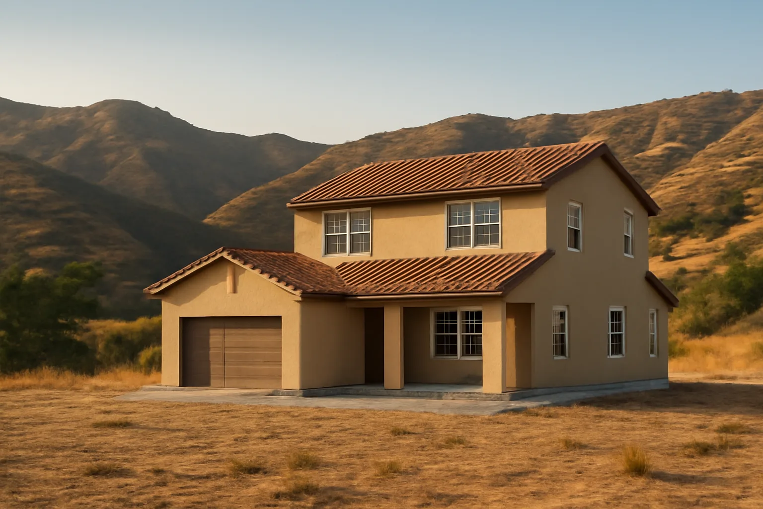 Home with cleared defensible space zone against dry chaparral hillside in late afternoon light