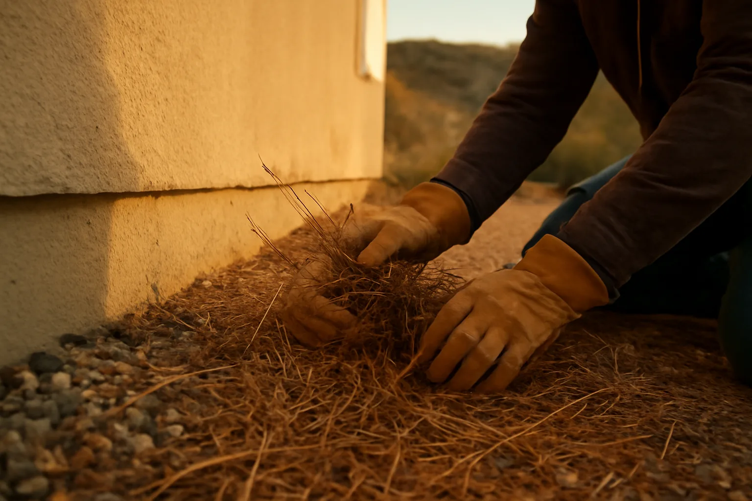Homeowner clearing dry brush near a house foundation as part of vegetation management
