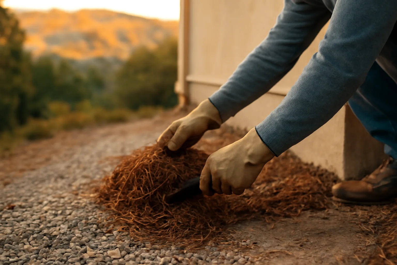 Homeowner clearing dry debris from the ember-resistant zone next to a house