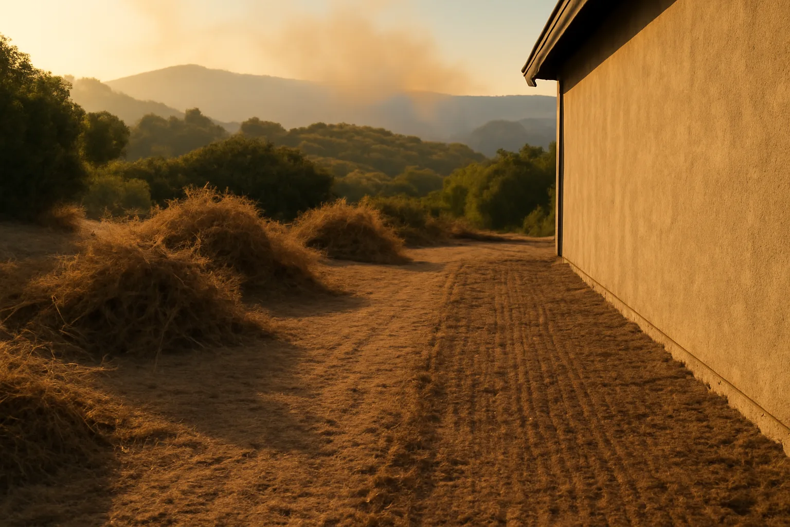 Cleared defensible space zone next to a house with smoky hills in the distance