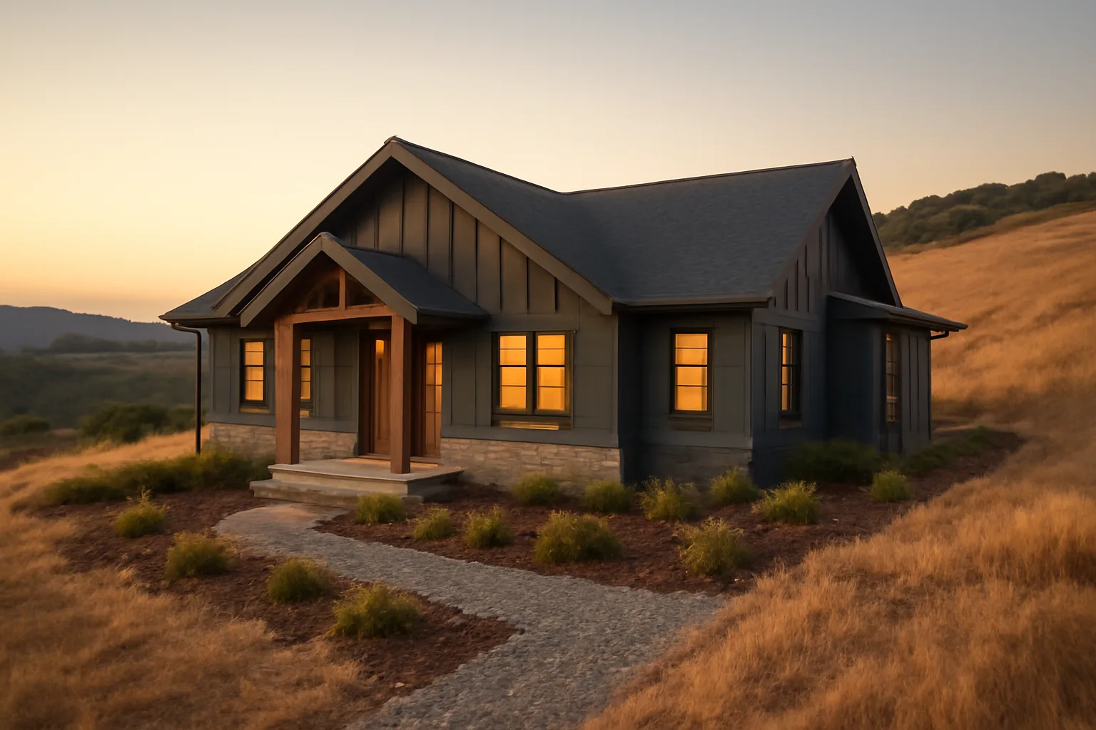 Home with gravel defensible space zone next to foundation and dry hillside beyond