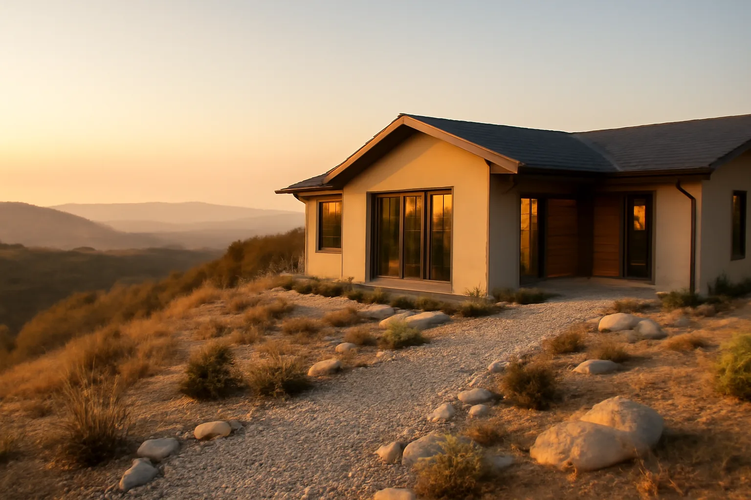 Hillside home with cleared defensible space zone against distant wildfire haze at dusk