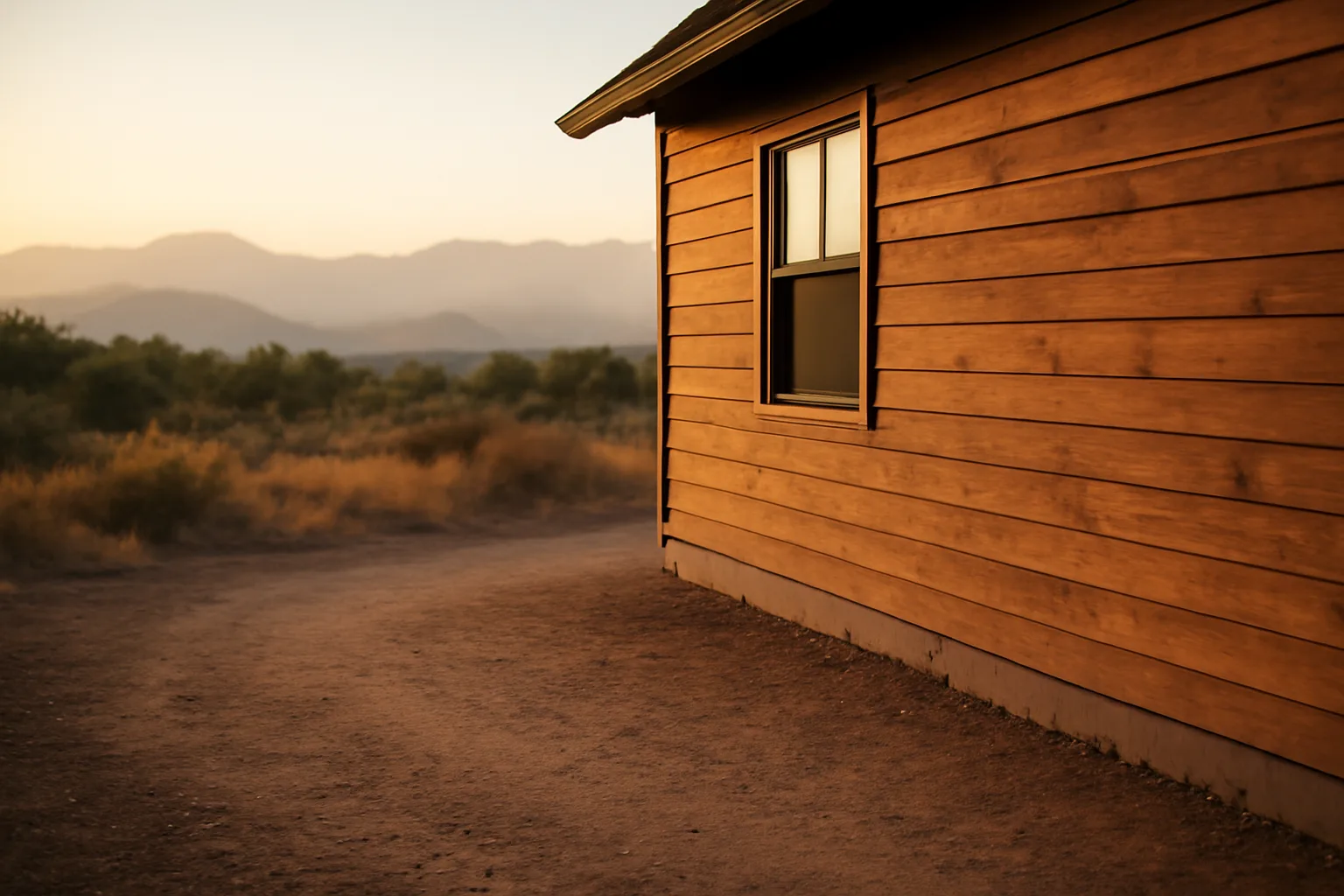 Cleared defensible space zone of gravel around a house base with dry hills behind