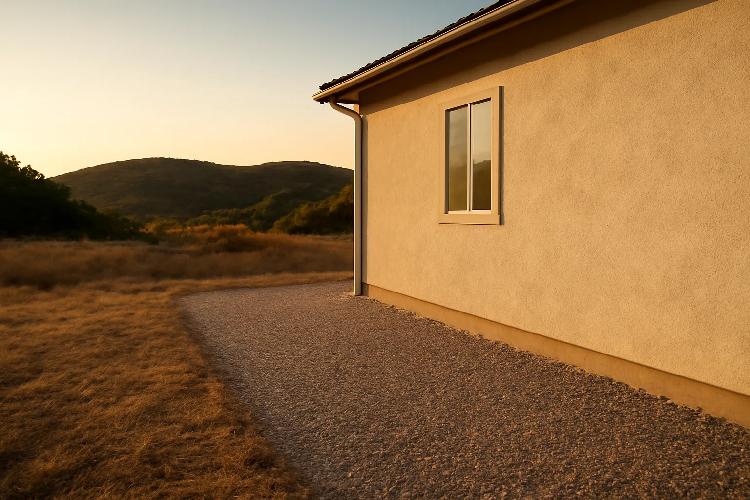 Cleared gravel zone around a house foundation with chaparral hillside in the background