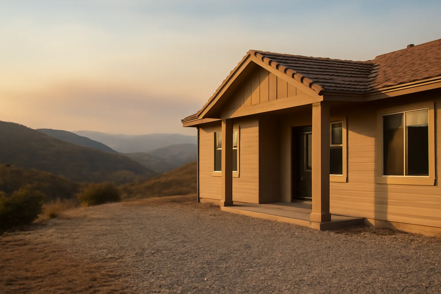 Home with gravel defensible space zone and cleared brush against a hazy wildfire-prone hillside