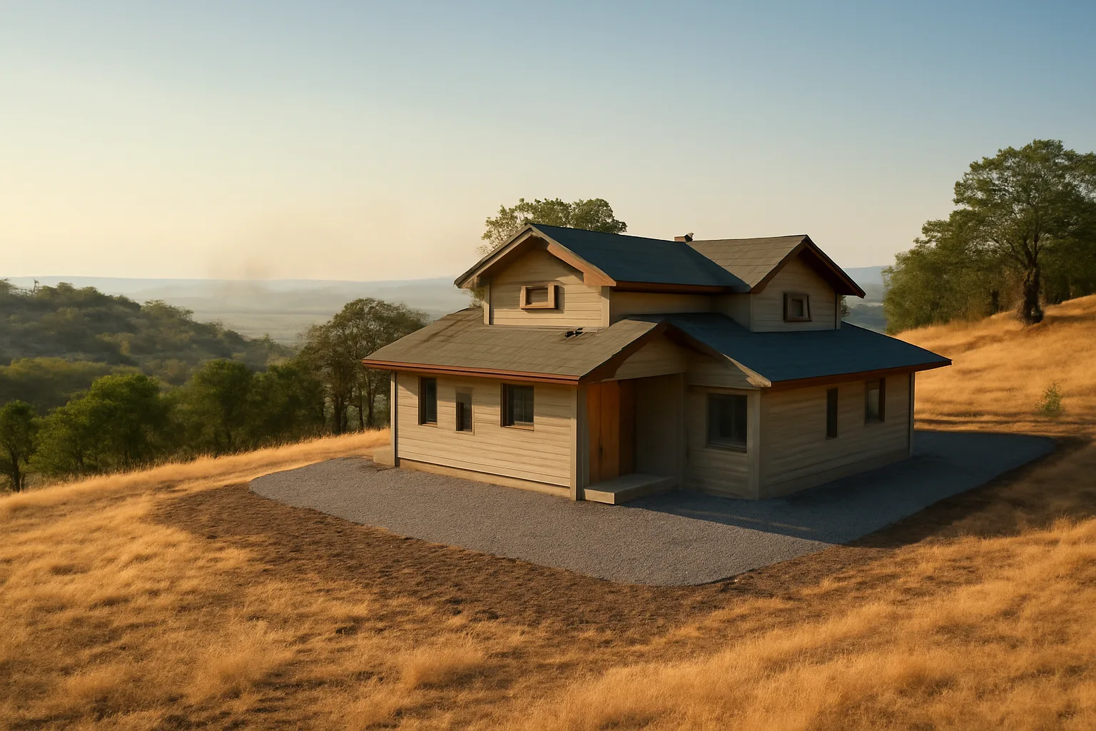 Hillside home with cleared defensible space and distant wildfire smoke on the horizon