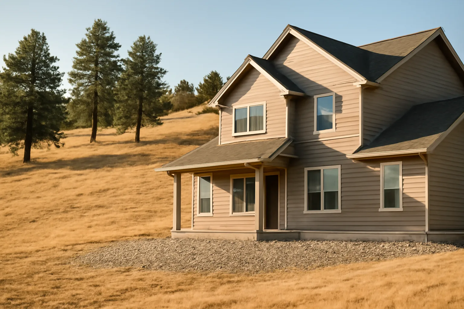 Home with cleared defensible space zone and spaced trees on a dry hillside