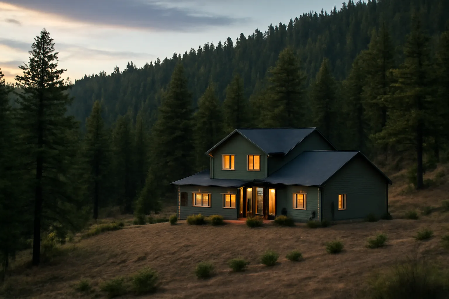 Cleared defensible space perimeter around a foothills home near Colorado Springs at dusk