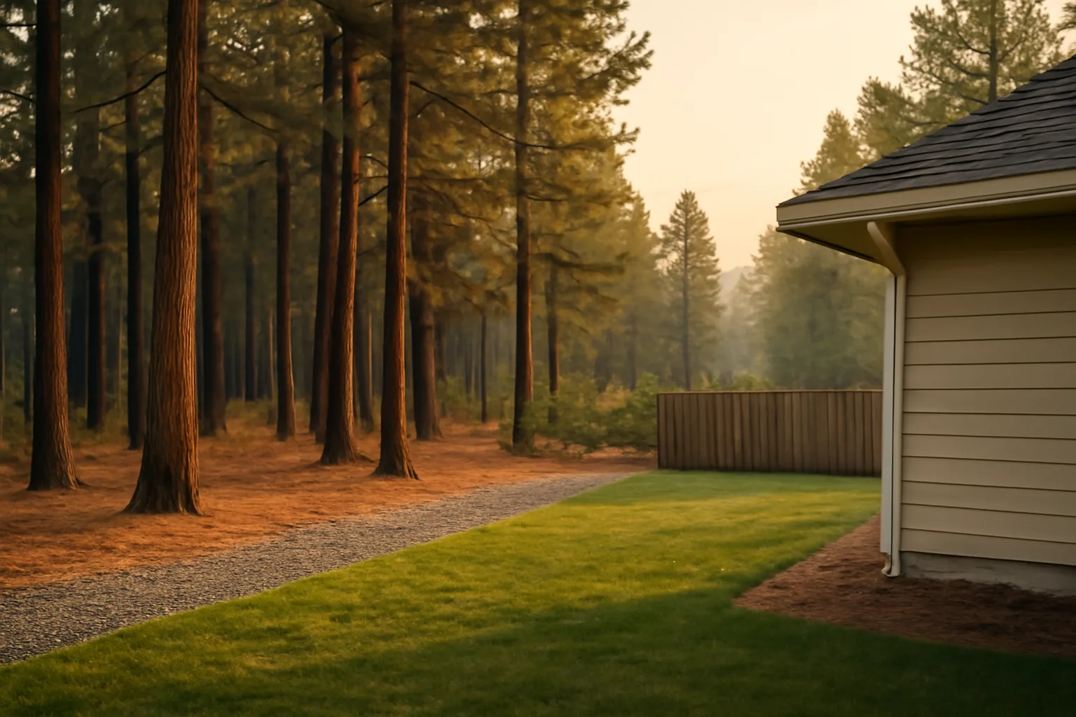 Cleared defensible space buffer between ponderosa pines and a Spokane-area home