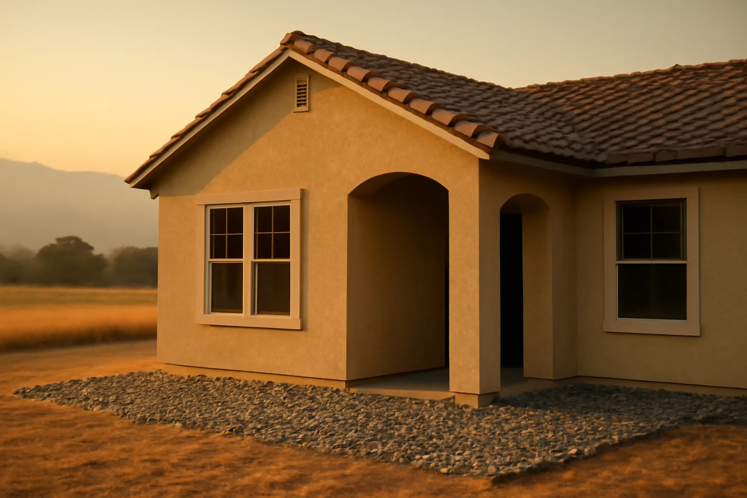 Home with cleared gravel perimeter and defensible space showing wildfire mitigation techniques in practice