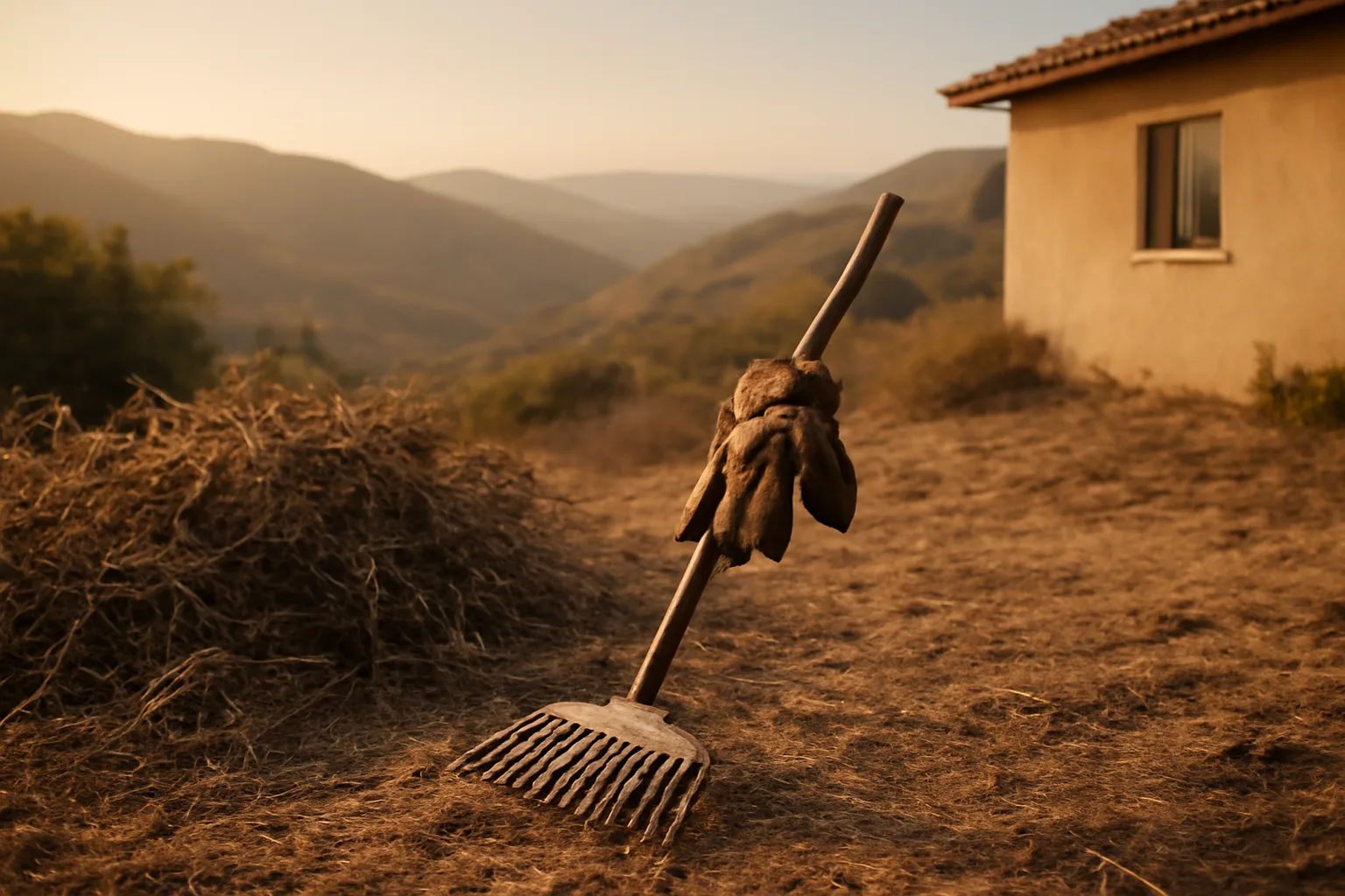 Cleared defensible space zone next to a hillside home with brush piled for removal