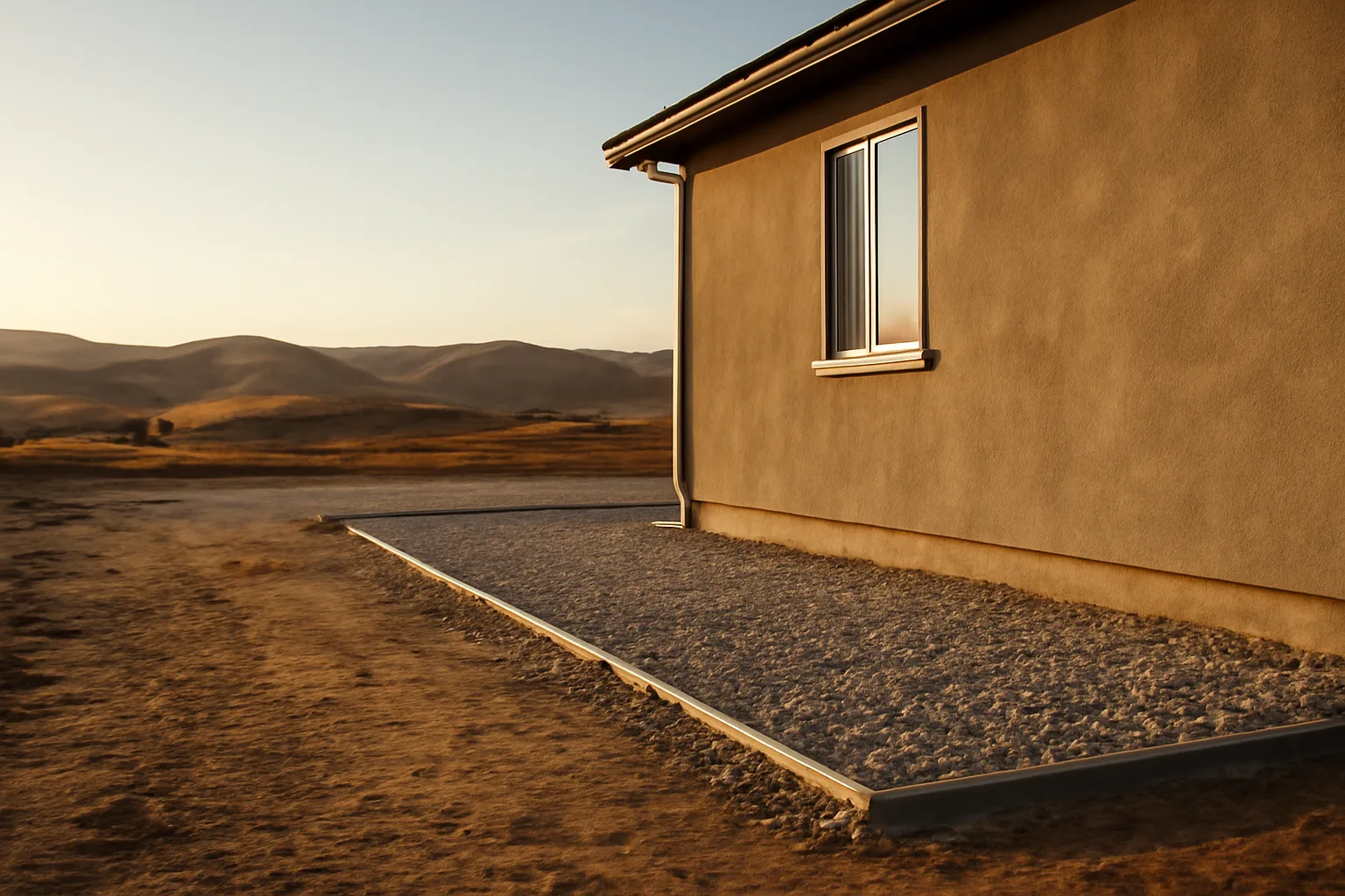 Cleared gravel defensible space zone around a house foundation with dry hills behind it