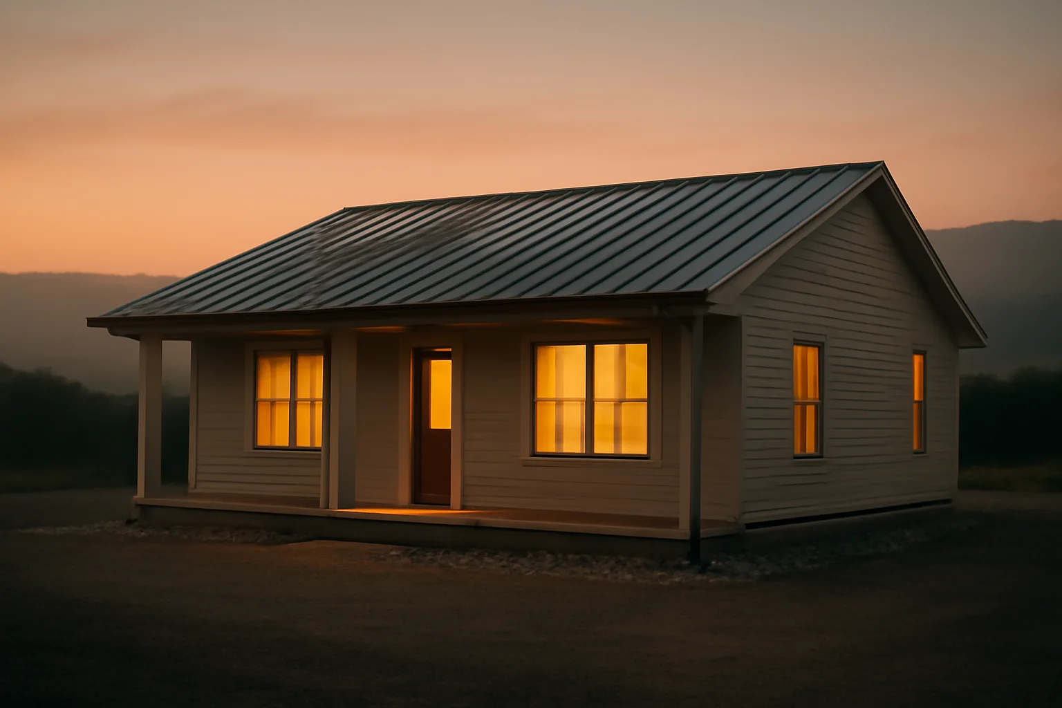 Home with cleared defensible space zone and metal roof at dusk near hillside