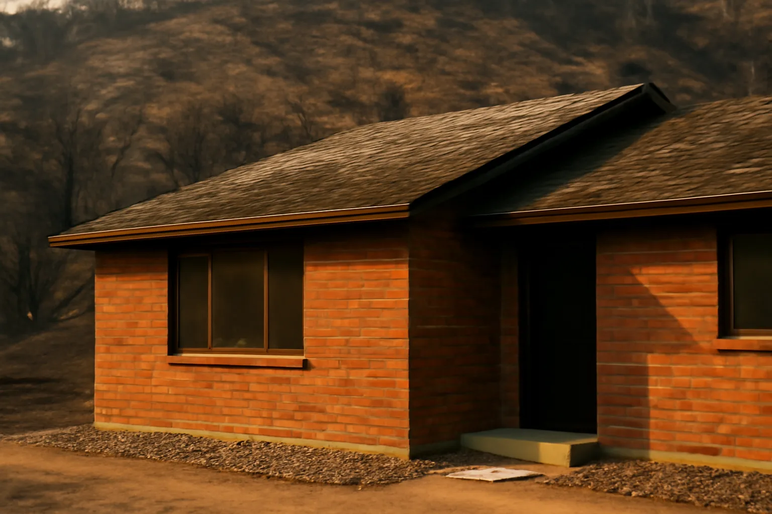 brick house with scorched hillside behind it and cleared gravel firebreak along foundation