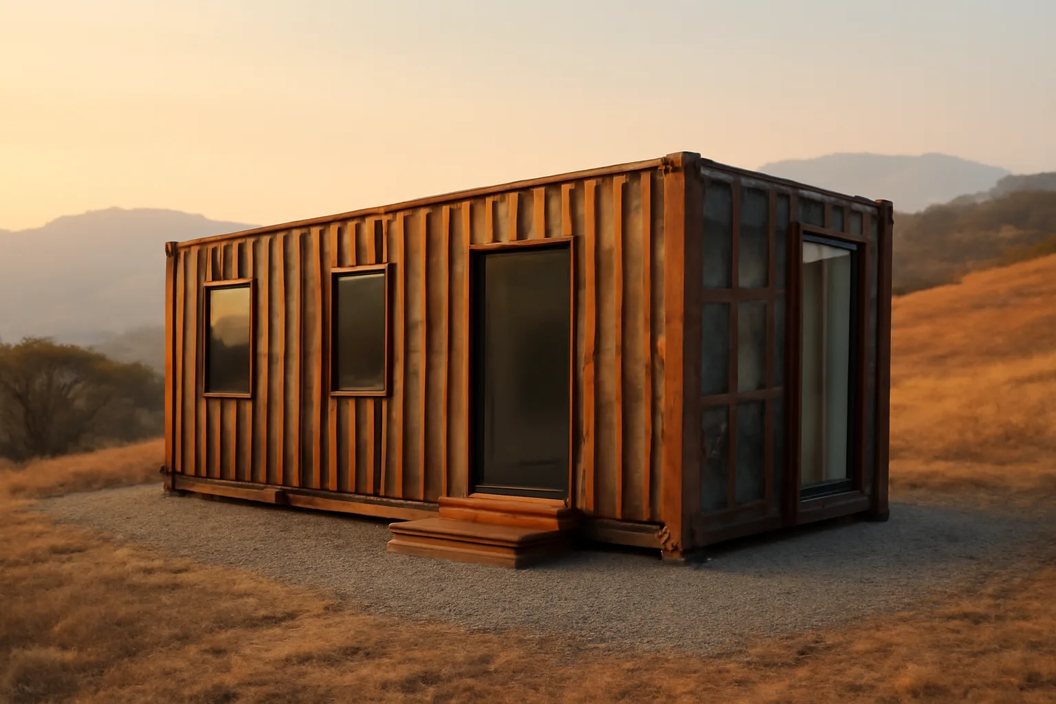 Steel shipping container home on cleared lot with dry hills and distant wildfire smoke