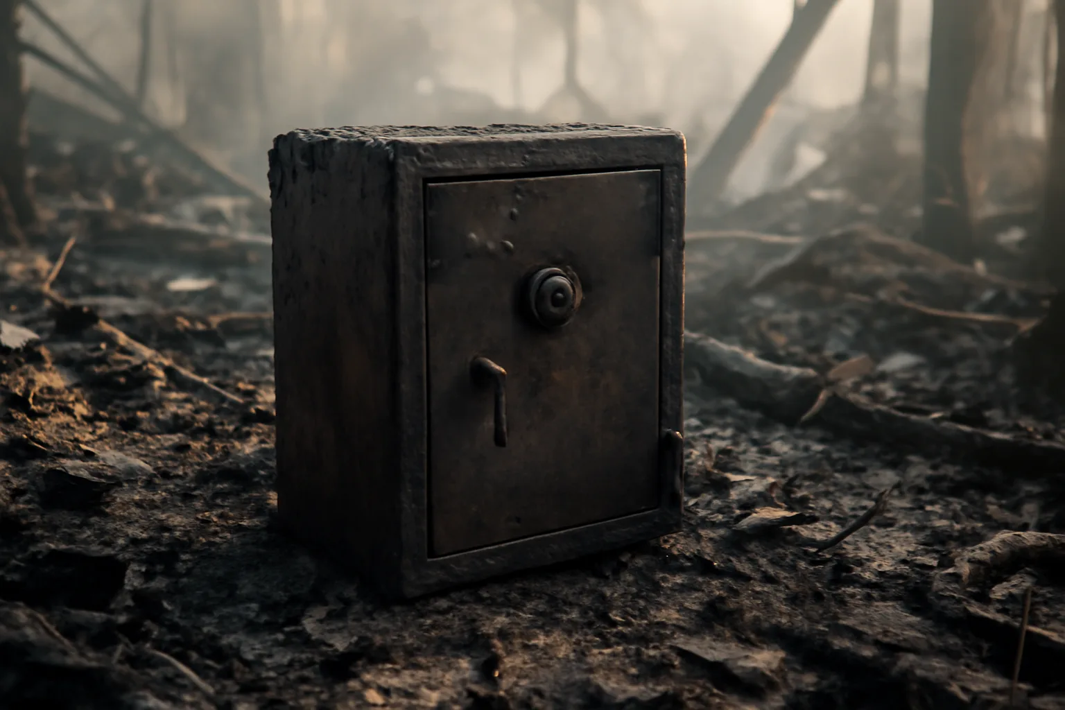 A fire resistant safe standing intact in the ashes of a burned home