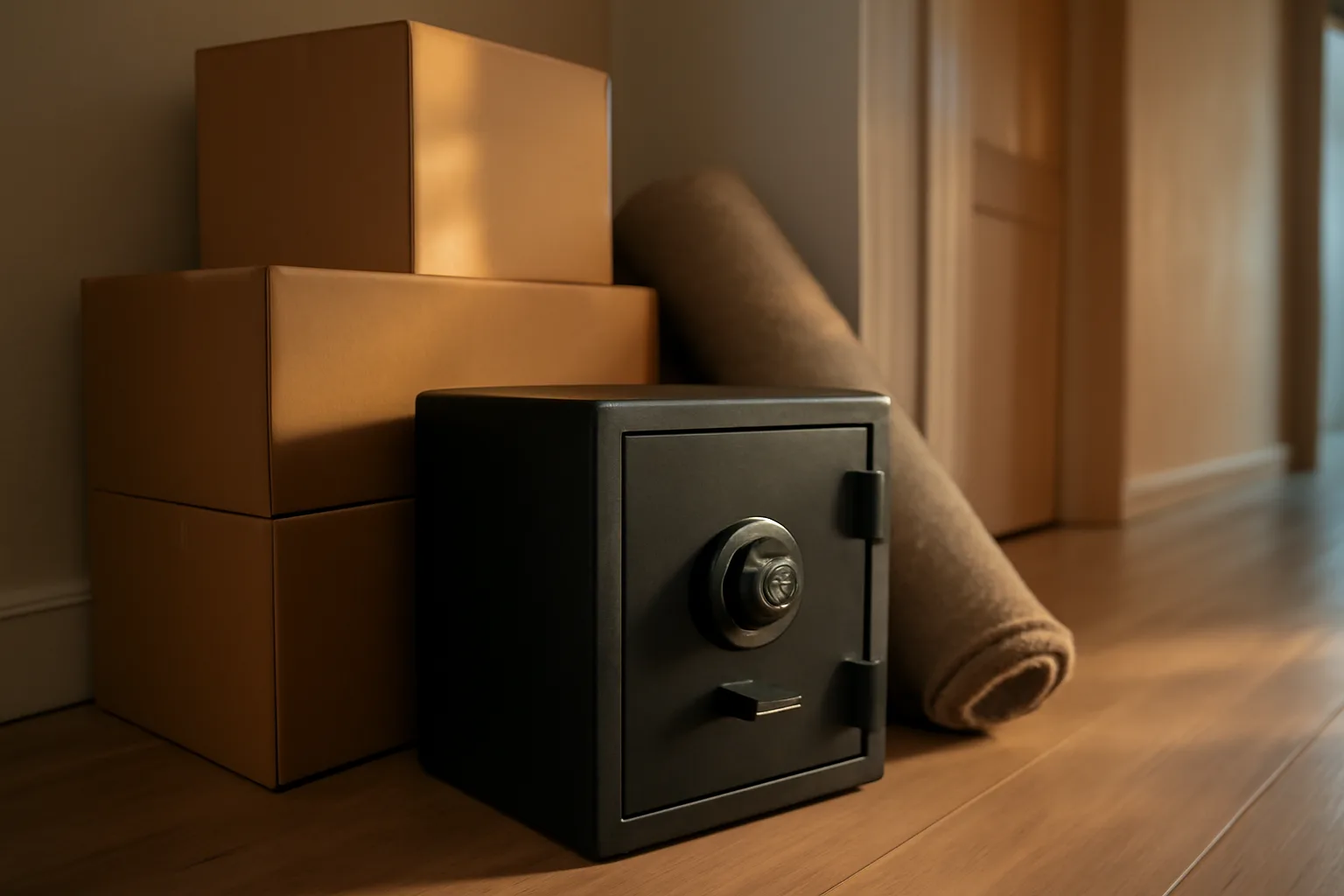 Black fire-resistant safe on floor beside packed boxes during wildfire evacuation prep