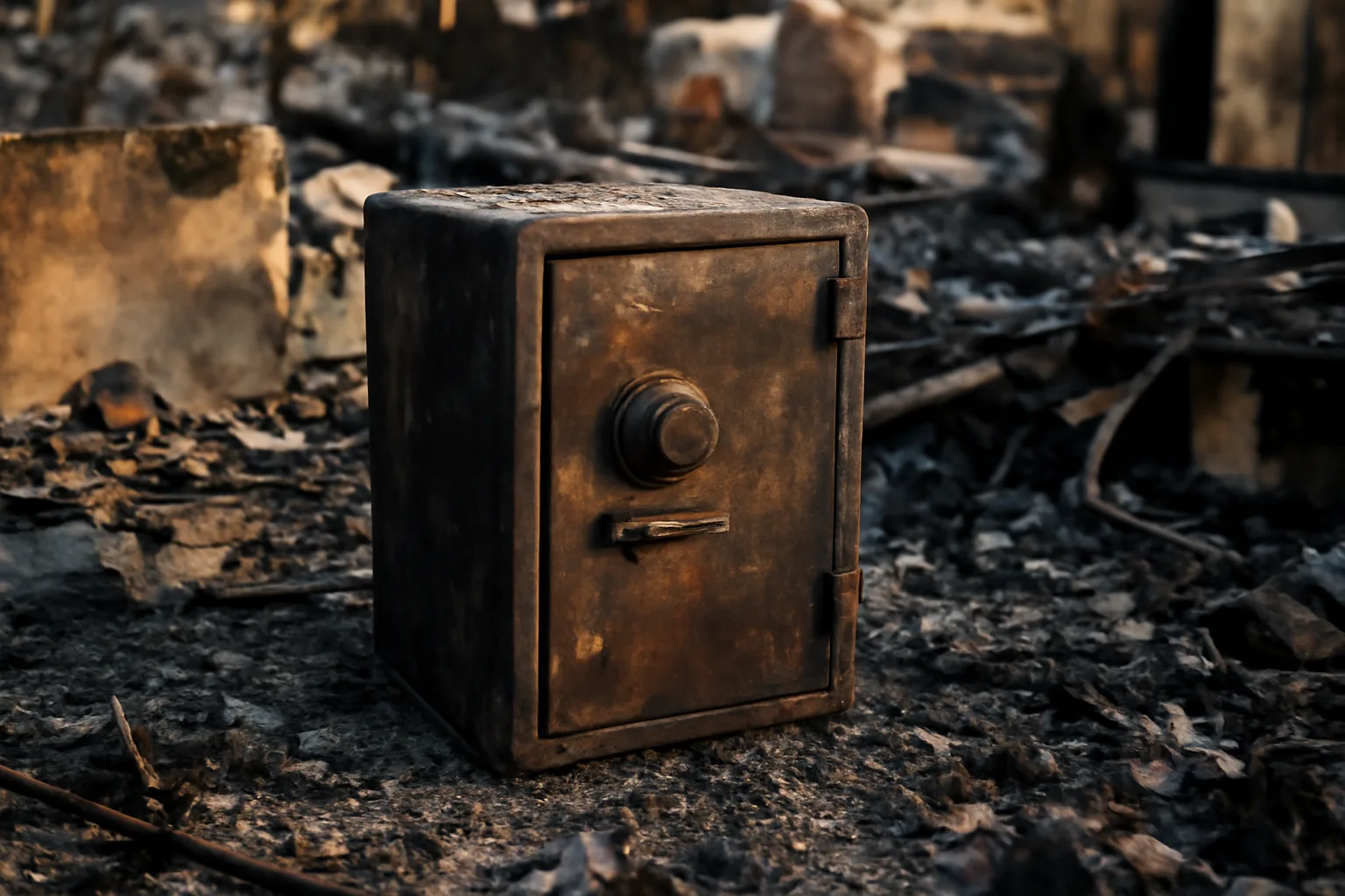 Fire-resistant metal safe standing intact among wildfire debris after a house fire