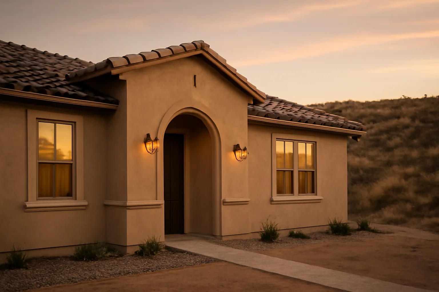 Home with cleared gravel perimeter and tile roof against a dry brush hillside at dusk