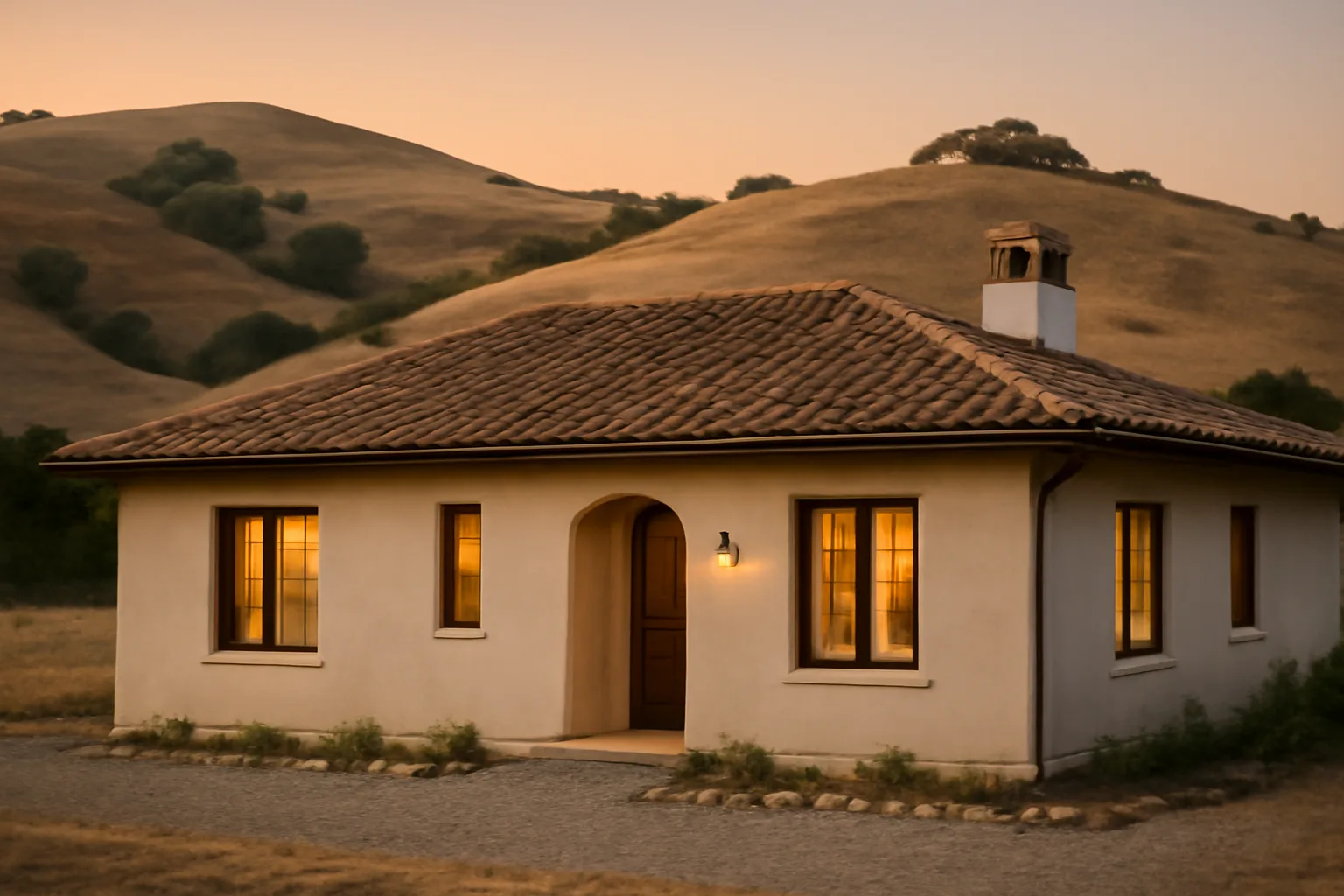 Hillside home with tile roof and cleared gravel zone illustrating fireproof home construction