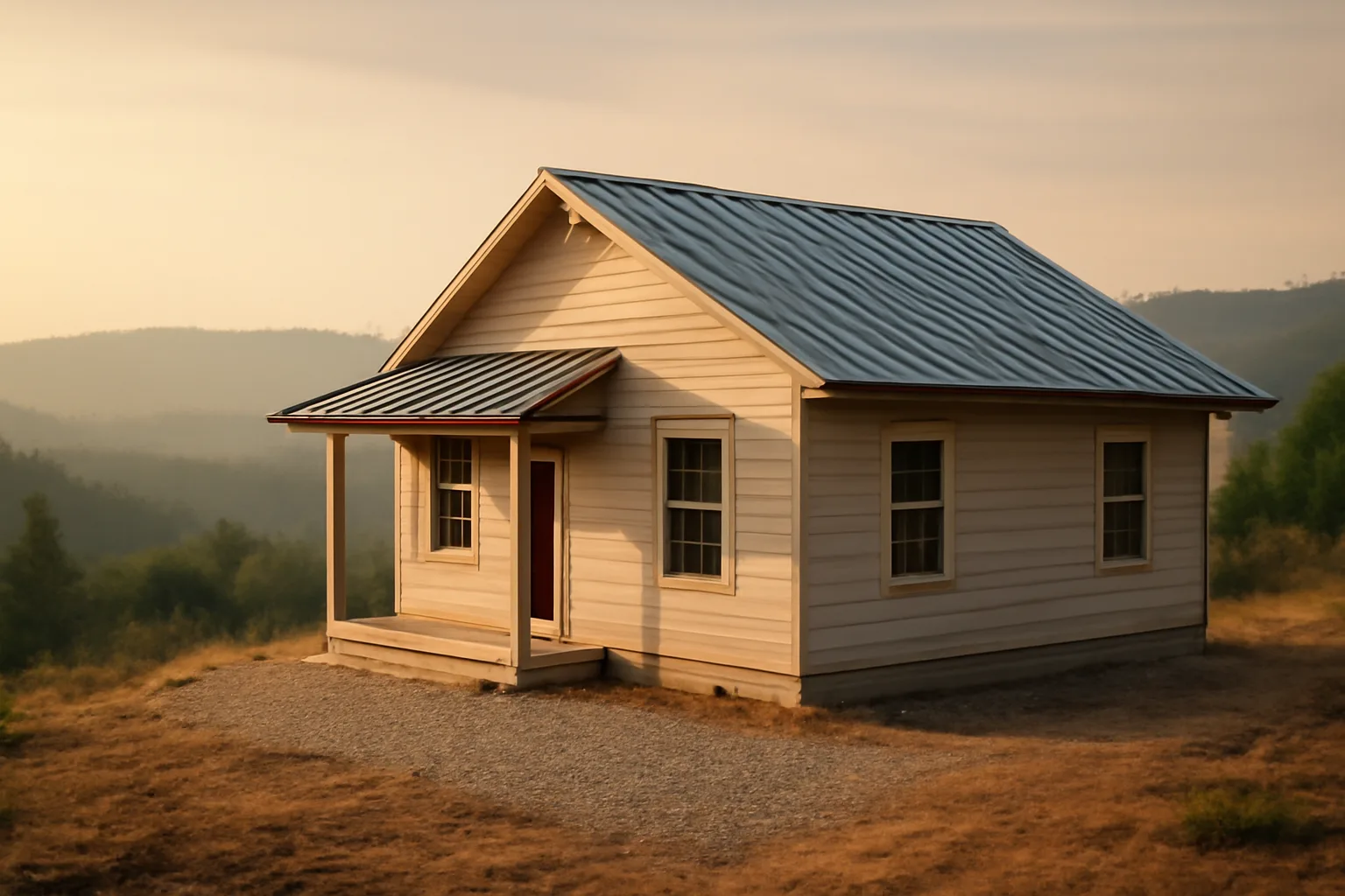 Hardened hillside home with gravel zone and metal roof, distant wildfire smoke on ridge