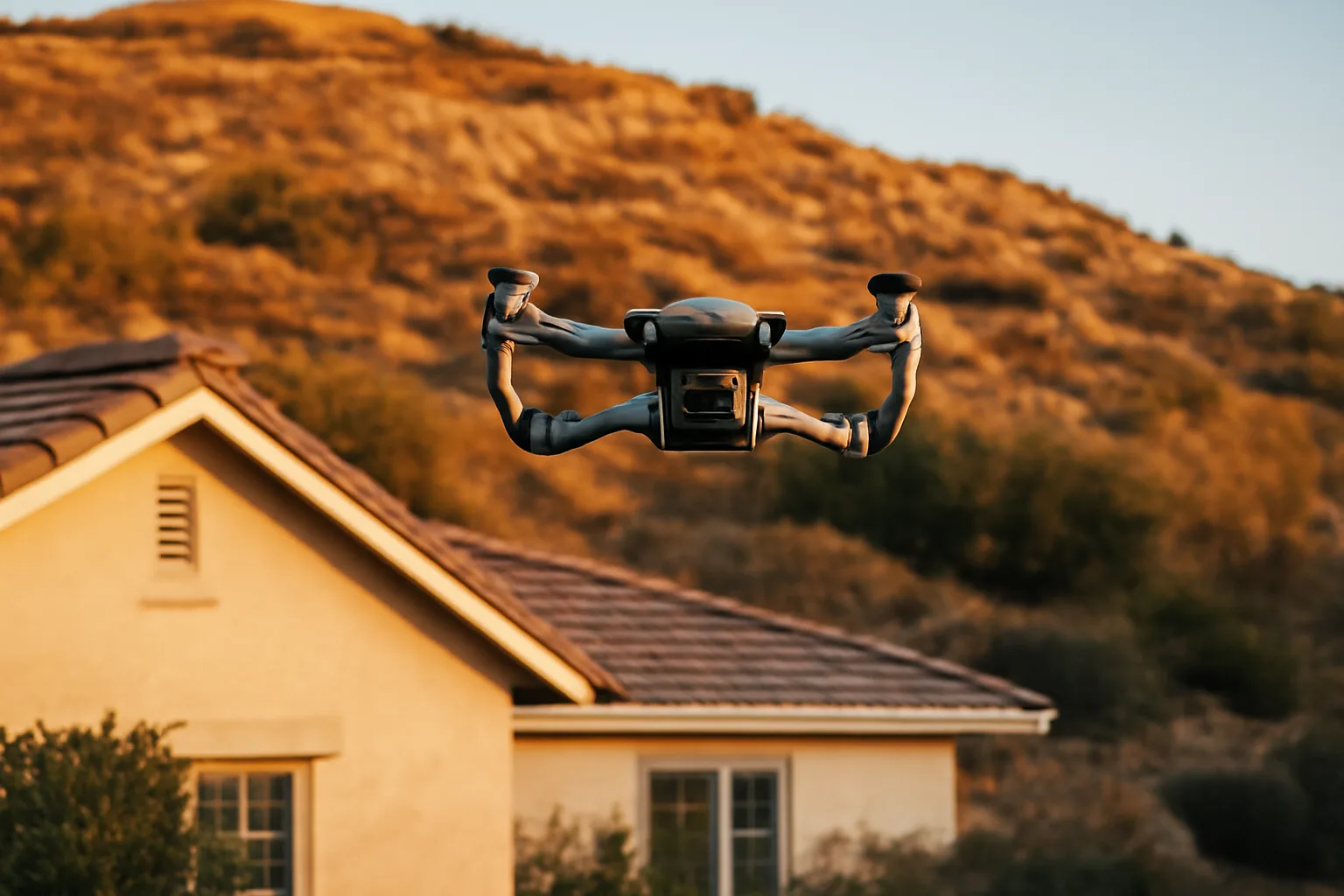 Drone hovering over a home rooftop near cleared defensible space and dry hillside brush