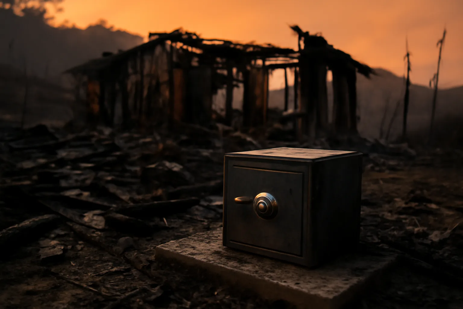 Intact metal fire and water resistant home safe standing amid wildfire debris on a foundation slab