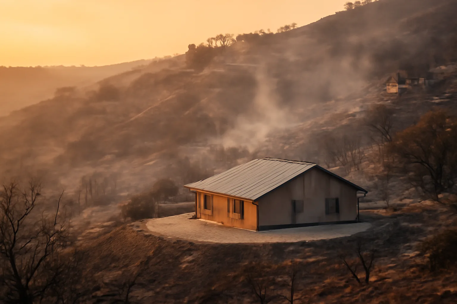 House with cleared defensible space standing after a wildfire moved through nearby hills