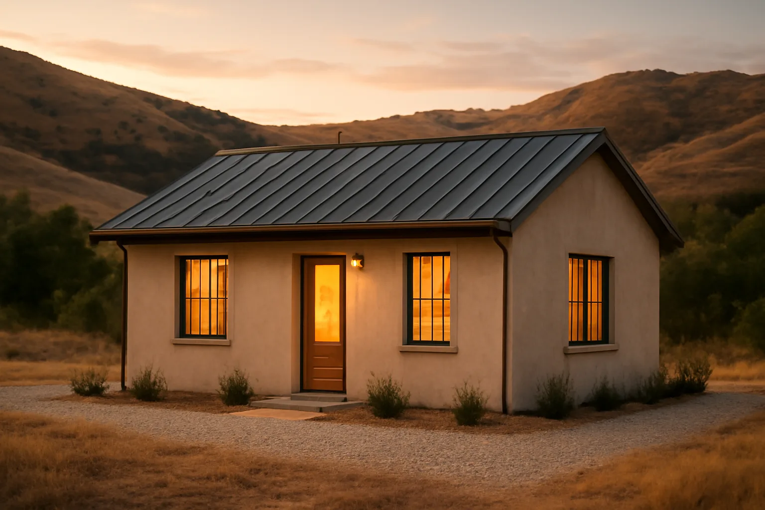 Stucco home with metal roof and cleared gravel perimeter near dry hillside brush