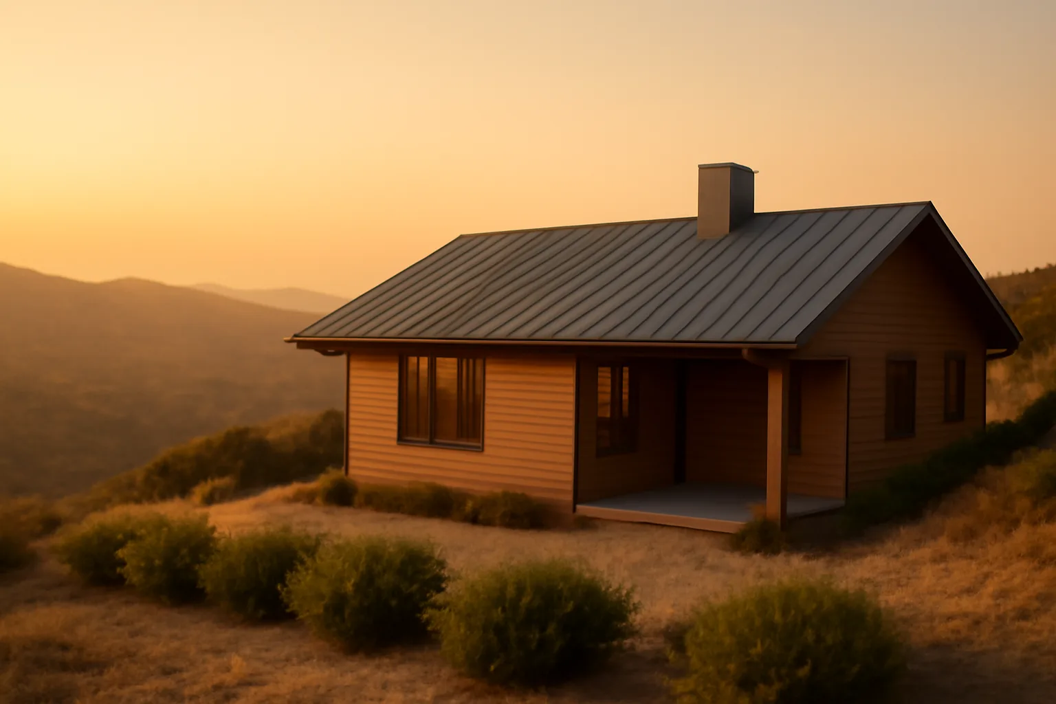 Hillside house with cleared defensible space and metal roof facing distant wildfire smoke haze