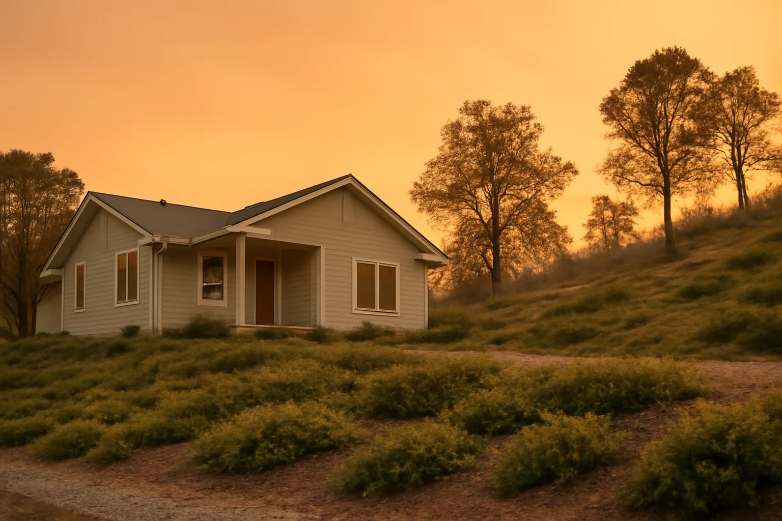 Home with cleared defensible space zones and spaced trees against a smoky wildfire sky