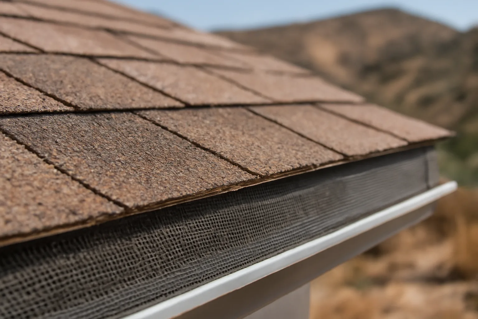 Roof edge and vent screen on a house near dry wildfire-prone hillside vegetation