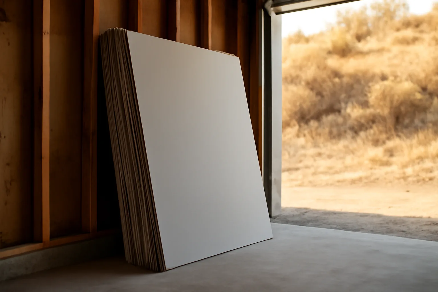 Stacked fire-resistant drywall sheets in a garage with dry wildland brush visible outside
