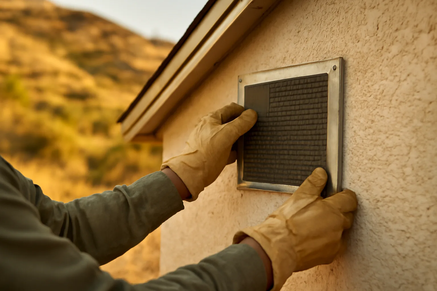 Homeowner inspecting an ember-resistant attic vent for wildfire home hardening