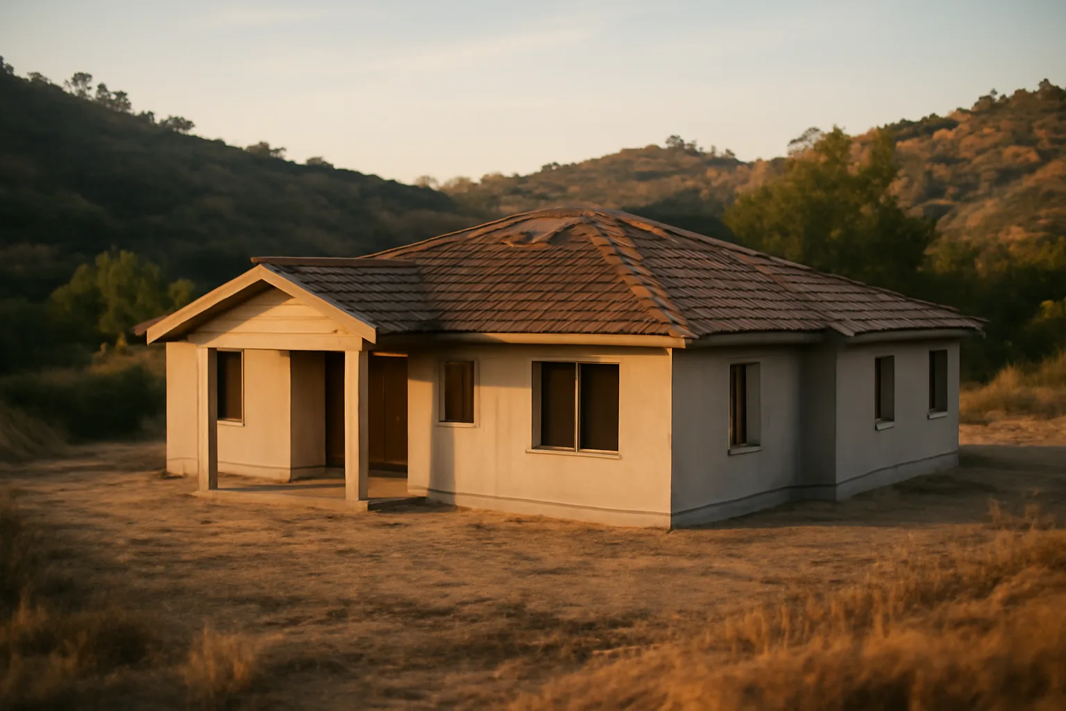 Fire-resistant home builder in Los Angeles installing tile roof on hillside house with cleared defensible space