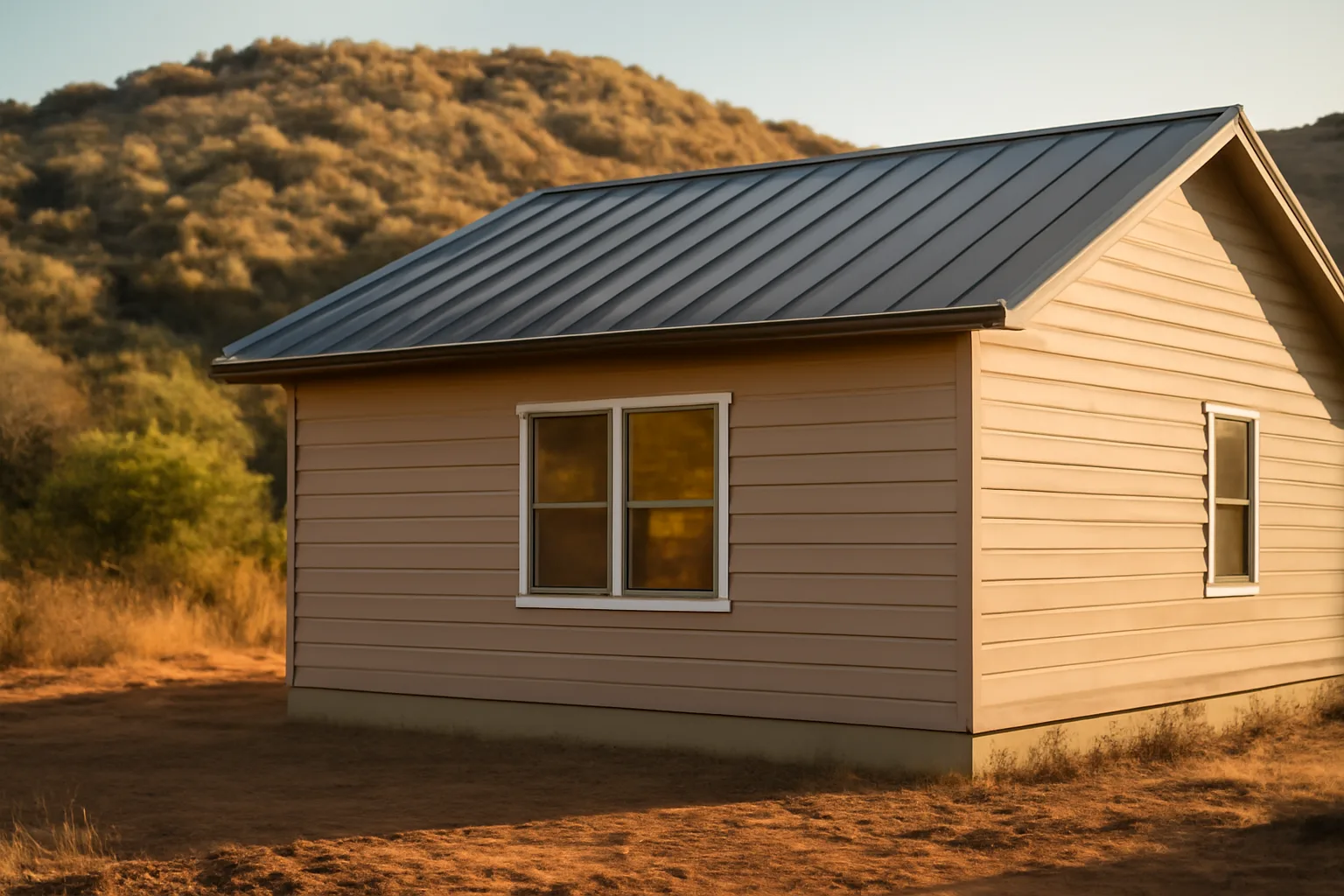 Stucco home with metal roof and cleared defensible space against a dry hillside